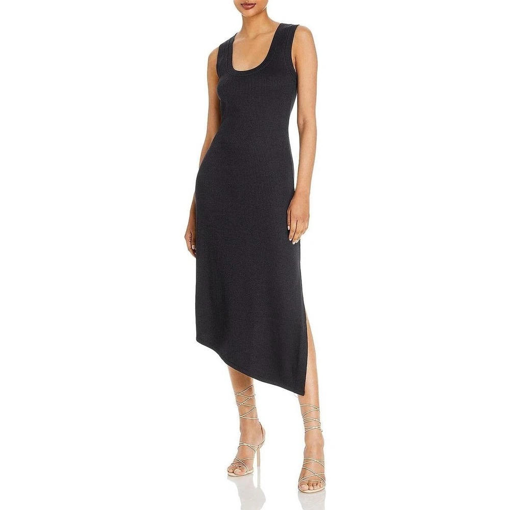 Three Dots XS Ribbed Asymmetrical Midi Maxi Bodycon Dress Sleeveless Black Urban